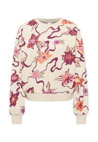 Crème kleurige sweatshirt met een bloemenpatroon in paars, oranje en roze. Geribbelde manchetten en zoom, relaxte pasvorm met verlaagde schouders.