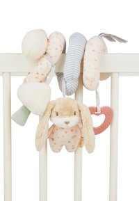 Soft fabric baby toy set with pastel floral patterns, a plush bunny, a silicone heart-shaped teether, and textured fabric.