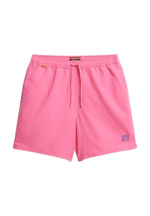 Costumi da bagno rosa brillante realizzati in materiale leggero, con cintura elastica, cordoncino e ricamo blu del logo.