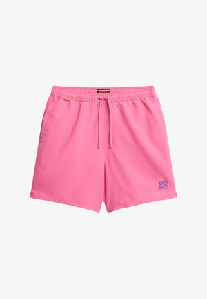 Costumi da bagno rosa brillante realizzati in materiale leggero, con cintura elastica, cordoncino e ricamo blu del logo.