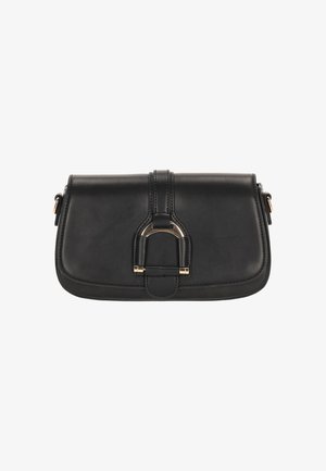 Borsa a tracolla in pelle nera con forma rettangolare, dettagli in metallo dorato e chiusura frontale con design decorativo a anello.