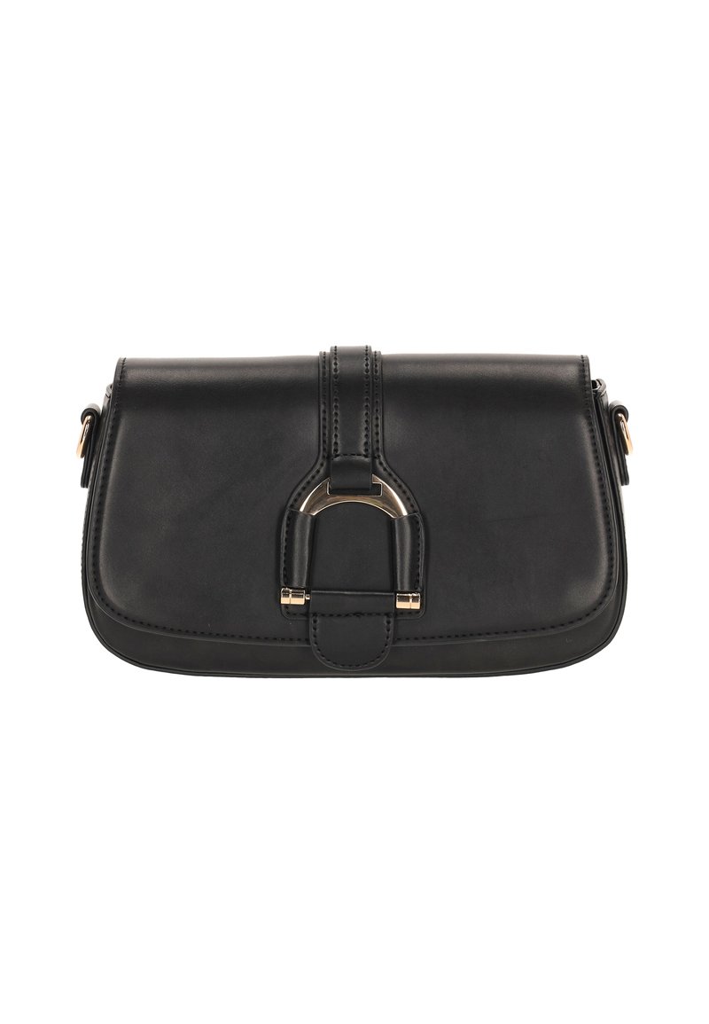 Czarna skórzana torebka na ramię o prostokątnym kształcie, z złotymi elementami wykończenia i przednim zapięciem z ozdobnym pętelkowym wzorem.