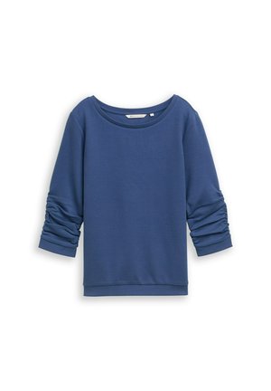 Plava majica dugih rukava napravljena od mekog materijala, s širokim izrezom i nabranim detaljima na rukavima. Glatka tekstura, ležeran kroj.