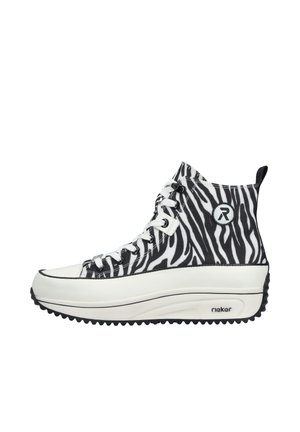 High-top sneakers with a black and white zebra print canvas upper, white rubber sole, and black textured accents. Features lace-up design.