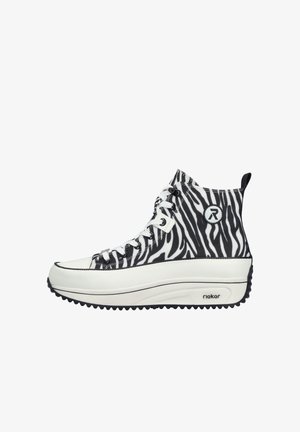 Sneakers met hoge schacht, een bovenwerk van zwart-witte canvas met zebraprint, een witte rubberen zool en zwarte, gestructureerde accenten. Voorzien van een veterontwerp.