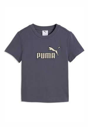 Mørkegrå kortærmet børne-T-shirt med rund hals og hvid Puma-logo og tekst placeret midt på brystet.