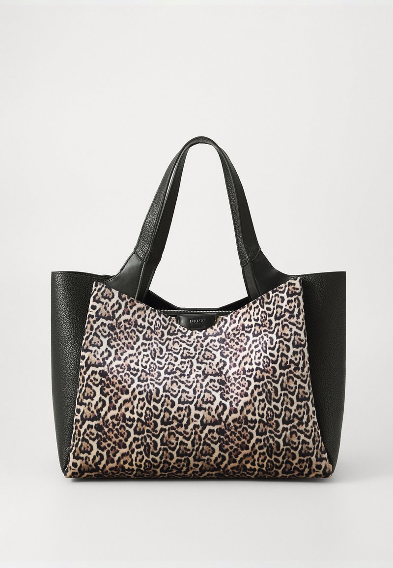 Borsa a tracolla in pelle con una base nera texturizzata e un pannello frontale con stampa leopardo. Manici robusti e design elegante per un trasporto facile.