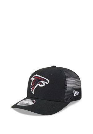 Black mesh baseball cap with a red and white falcon logo on front and a curved brim, displayed against a white background.