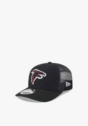 Black mesh baseball cap with a red and white falcon logo on front and a curved brim, displayed against a white background.