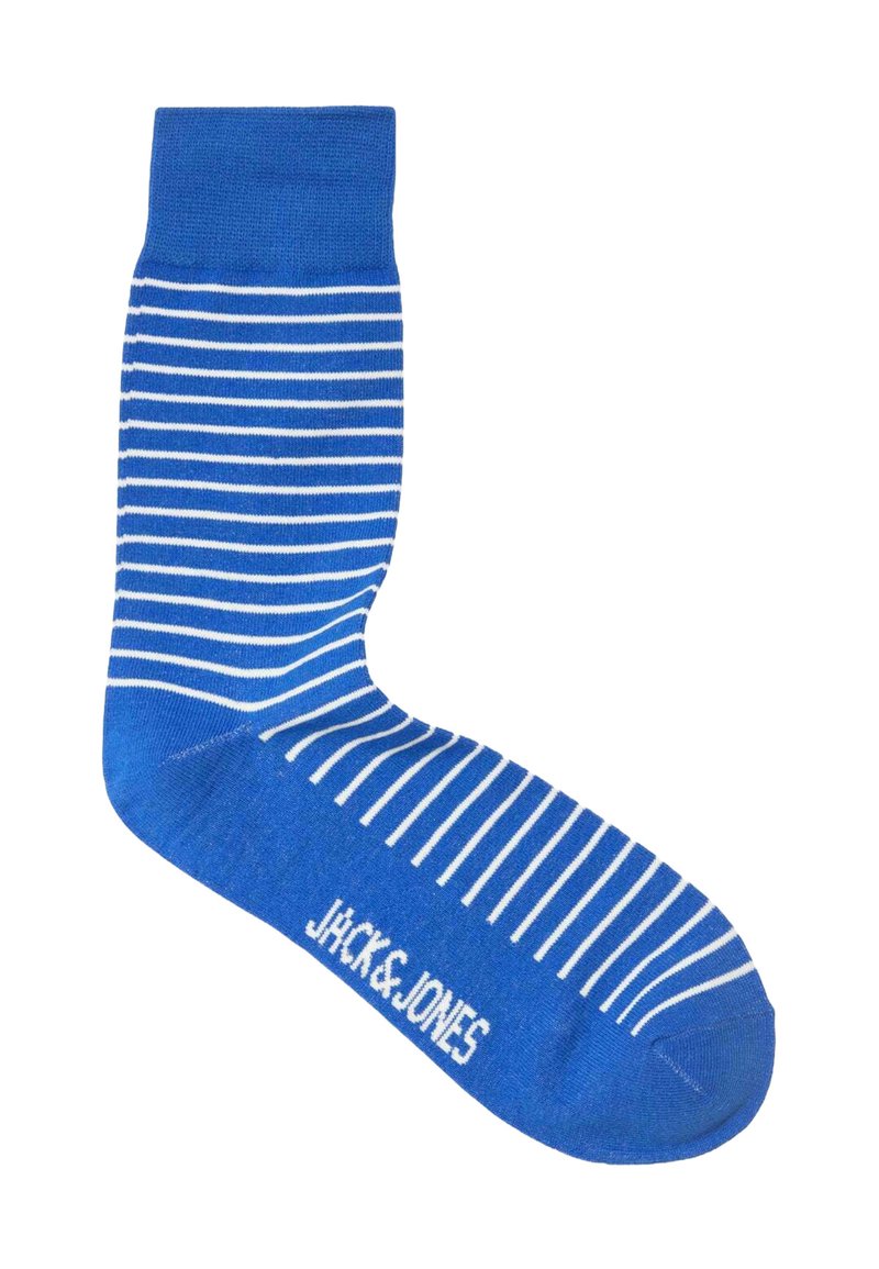 Calzino di cotone blu con strisce verticali bianche, caratterizzato da un polsino a coste e il logo "JACK & JONES" sulla punta. Texture morbida.
