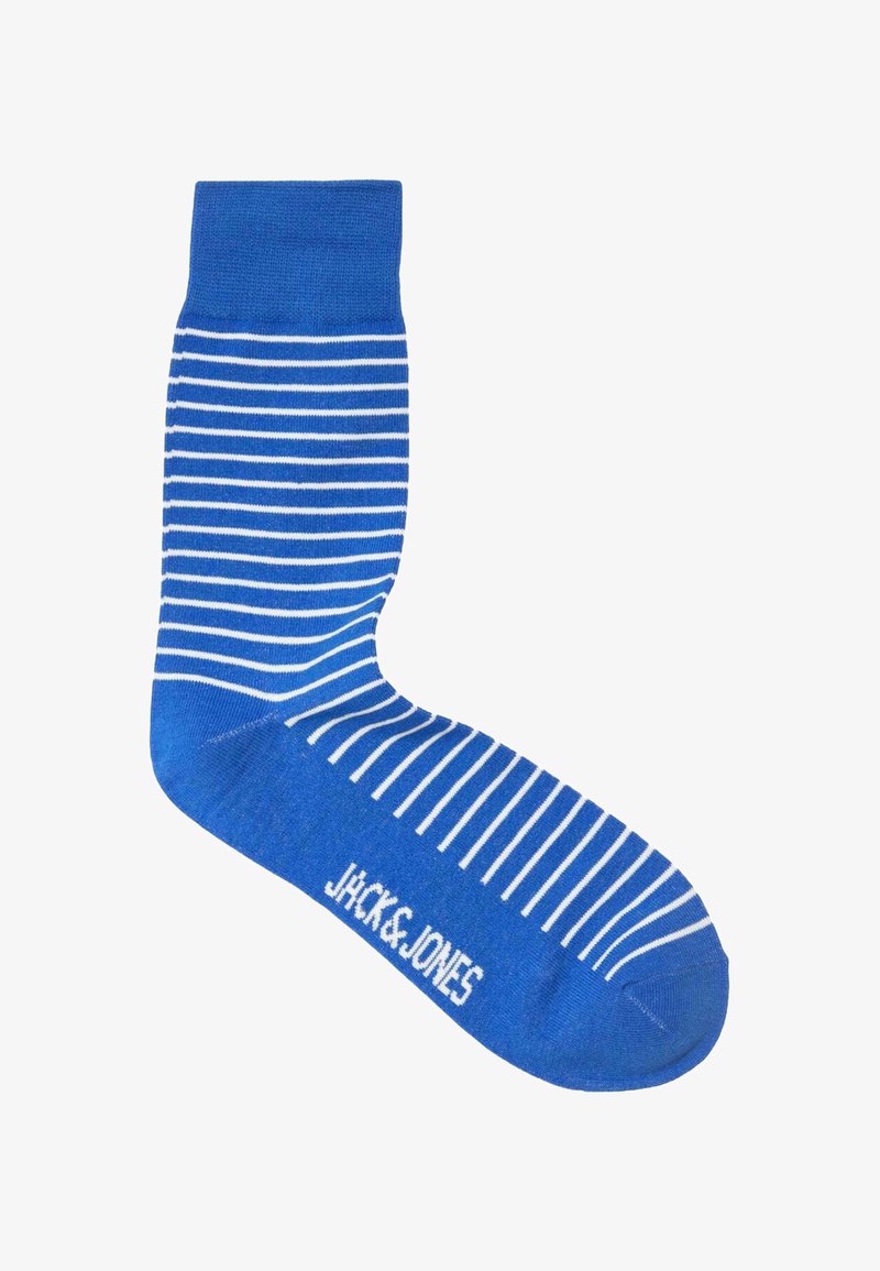 Calzino di cotone blu con strisce verticali bianche, caratterizzato da un polsino a coste e il logo "JACK & JONES" sulla punta. Texture morbida.