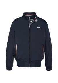 Tamsiai mėlyna užtraukiama striukė su aukštu apykakliu, elastingomis rankogaliais ir apačia, raudonomis, baltomis ir mėlynomis juostelėmis ant apykaklės ir kišenių, „Schott“ logotipas ant krūtinės.