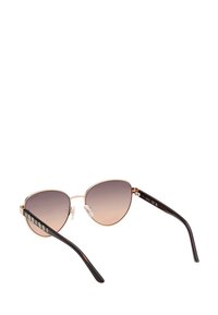 Kattenoog zonnebril met een vervaagde bruine lens, metalen frame en schildpadmotief tempels met kleine decoratieve accenten.