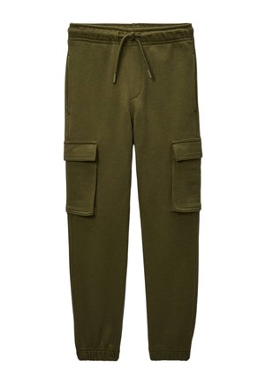 Pantalons de survêtement vert olive en tissu doux, dotés d'une taille élastique avec cordon de serrage et de deux poches cargo latérales.