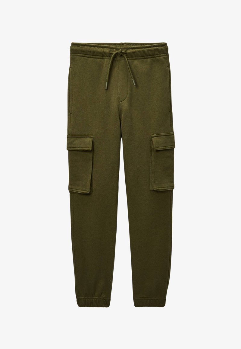 Pantalons de survêtement vert olive en tissu doux, dotés d'une taille élastique avec cordon de serrage et de deux poches cargo latérales.