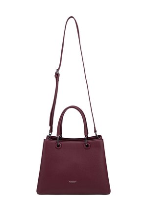 Dark burgundy leather handbag with two short handles and one long adjustable shoulder strap, featuring a small brand logo on front.