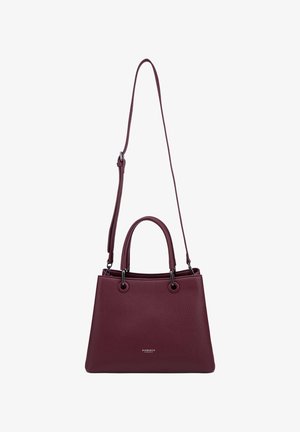 Borsa a mano in pelle bordeaux scuro con due manici corti e una tracolla lunga regolabile, caratterizzata da un piccolo logo del brand sul davanti.