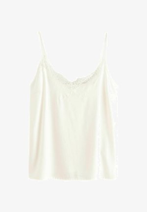 Valge satiinist kampsun pitsäärisega kaeluses, reguleeritavad õhuke rihmad ja sile tekstuur. Lihtne disain, kerge kangas.