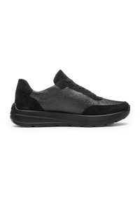 Black low-top sneaker with textured upper, suede accents, lace-up closure, and thick rubber sole, shown in side profile on white background.