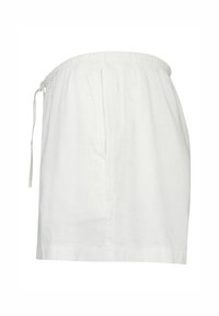 Bílá sukně do kolen s elastickým pasem a bočním vázáním, vyrobená z lehkého materiálu.