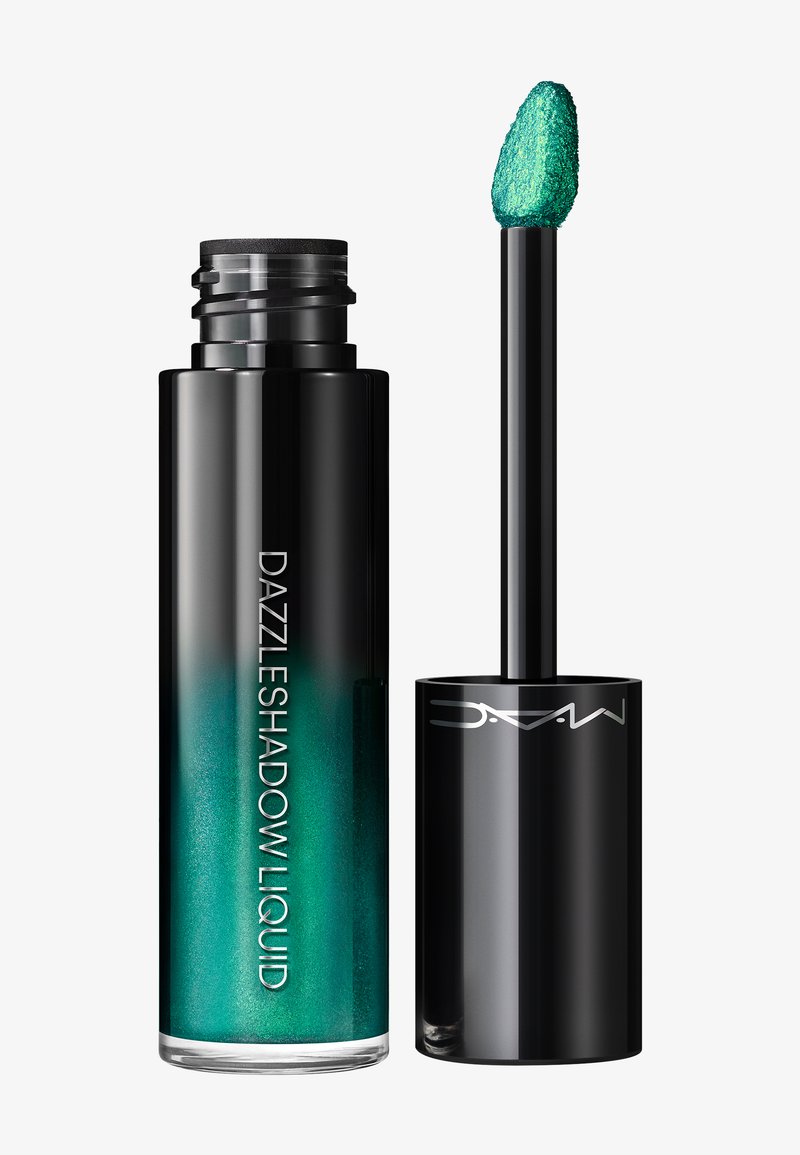 Bouteille de fard à paupières liquide dégradé noir et vert d'eau étiquetée "Dazzleshadow Liquid" avec un capuchon noir et un applicateur montrant un fard à paupières scintillant vert d'eau.