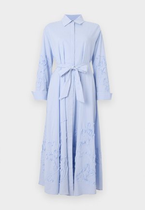 Robe chemise à manches longues bleu clair et blanc à rayures verticales, avec une ceinture nouée à la taille et une broderie florale sur les manches et la jupe.