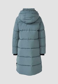 Leicht gepolsterte Oberbekleidung in Hellblau mit Kapuze, gestepptem Design und schwarzen Ärmelabschlüssen, in einer langen, geraden Silhouette.