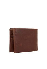 Braune Lederbörse mit glatter Textur, im Faltformat, zwei Kartenfächern und vernähten Kanten. Kompakte und rechteckige Form.