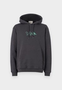 Dunkelgrauer Kapuzenpullover mit Kängurutasche, verstellbarem Kapuzenzug und grüner Dinosaurierstickerei auf der Brust. Weiches Baumwollmaterial, bequeme Passform.