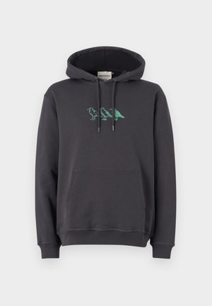 Dark gray hoodie with a kangaroo pocket, drawstring hood, and green dinosaur embroidery on the chest. Soft cotton material, relaxed fit.