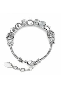 Braccialetto in argento con vari bead testurizzati, tra cui lisci, filigrana e accenti in zirconia cubica, dotato di chiusura sicura.