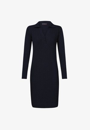 Granatowa dzianinowa sukienka z długimi rękawami, kołnierzem i zapięciem na guziki, z teksturowanym wzorem w warkocz na całej powierzchni.