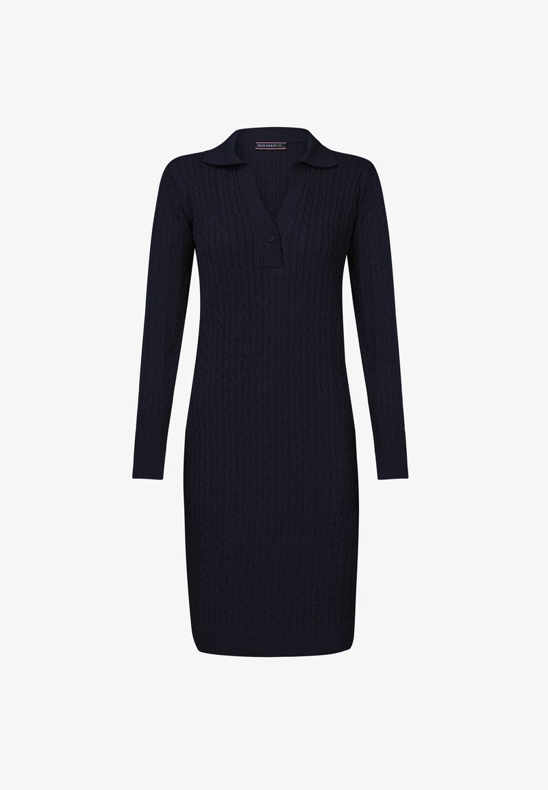 Abito lavorato a maglia blu navy con maniche lunghe, colletto e chiusura con bottoni, caratterizzato da un motivo a trecce testurizzato su tutta la superficie.