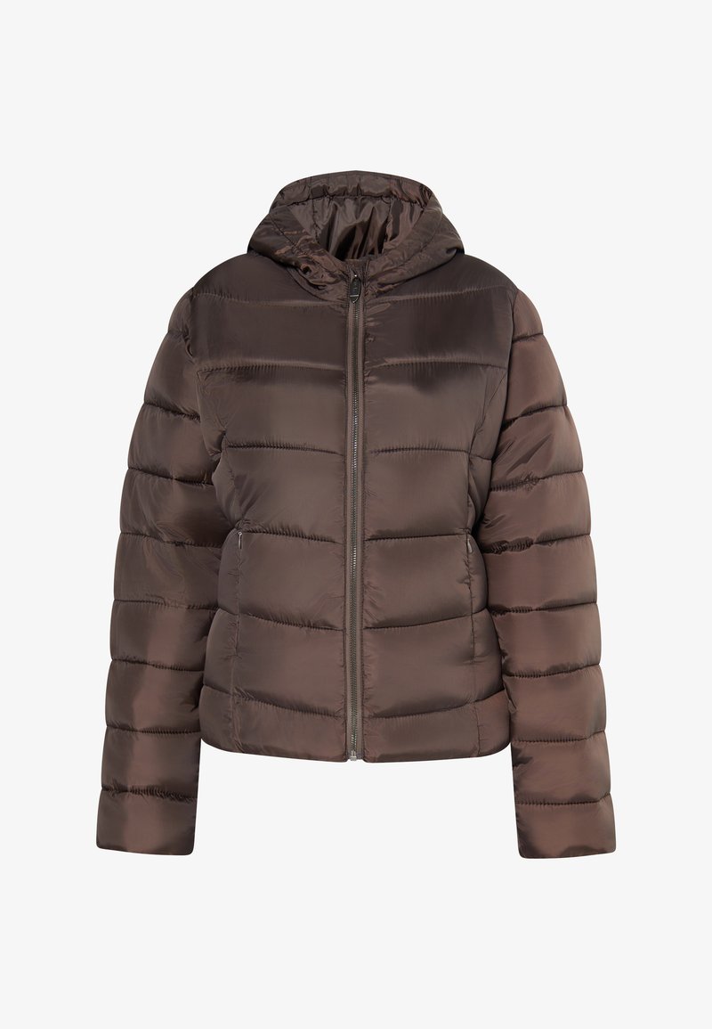 Brun hættepufferjakke med en blank finish, der har vandrette syninger og en forreste lynlås. Den har en afslappet pasform og brede ærmer.