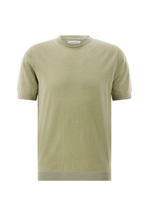 Short-sleeve, light olive green crew neck sweater with ribbed cuffs and hem, displayed on a plain white background.