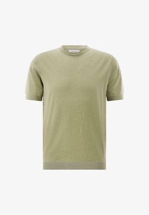 Kurzärmeliges, hellolivgrünes Rundhals-Pullover mit gerippten Bündchen und Saum, dargestellt vor einem schlichten weißen Hintergrund.