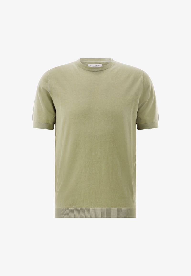 Kurzärmeliges, hellolivgrünes Rundhals-Pullover mit gerippten Bündchen und Saum, dargestellt vor einem schlichten weißen Hintergrund.