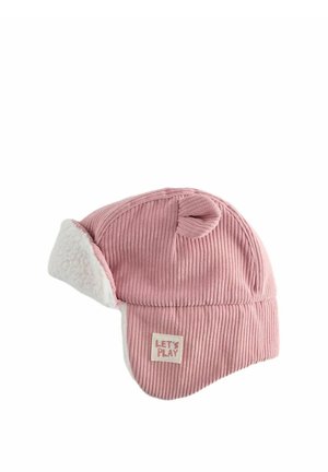 Rosa Cordhut mit einem mit Fell gefütterten Schirm, ausgestattet mit einem kleinen oberen Pompon und einem quadratischen Etikett mit der Aufschrift "LET'S PLAY". Texturiert mit geripptem Stoff.