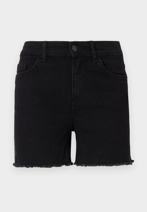 Shorts en denim noir avec une taille ajustée, un ourlet effiloché et un design classique à cinq poches. Le tissu est lisse avec une légère élasticité.