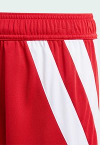 Pantalones cortos deportivos rojos con un cinturón elástico ancho y rayas blancas diagonales a los lados, hechos de una tela suave y ligera.