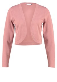 Cardigan rose clair en tissu doux, avec des manches longues, une fermeture ouverte et un ourlet arrondi. Texture lisse avec un minimum de détails.