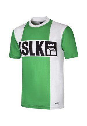 Groen-witte short-sleeve jersey met een gedurfde zwarte "ASLK" logo op de voorkant en een ronde halslijn. Glad textuur, atletische pasvorm.
