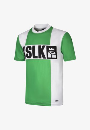Groen-witte short-sleeve jersey met een gedurfde zwarte "ASLK" logo op de voorkant en een ronde halslijn. Glad textuur, atletische pasvorm.