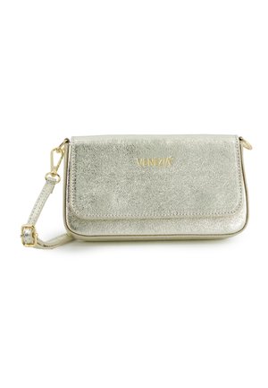Kleine rechthoekige metallic gouden handtas met afneembare riem en gouden "VENEZIA" logo op de voorflap.