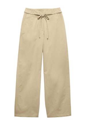 Beige wijde broek met hoge taille, zijzakken en verstelbare strikceintuur aan de voorkant, gemaakt van lichtgewicht stof.