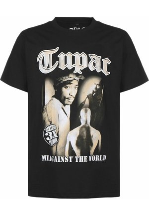 Sort bomulds T-shirt med et grafisk print af en mand med bandana og "2Pac"-tekst. T-shirten inkluderer et emblem for "3X Platinum"-certificering.