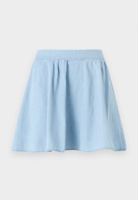 Light blue denim skirt with a flared design, gathered waistline, and smooth texture. Hemline curves gently at the bottom.