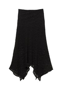 Gonna nera in pizzo con forma ad A, motivo testurizzato e orlo irregolare. Presenta una vita elasticizzata per il massimo comfort.