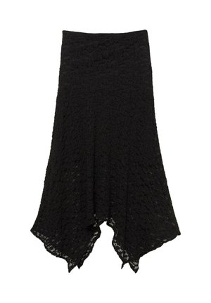 Jupe en dentelle noire avec une forme évasée, un motif texturé et un ourlet irrégulier. Dotée d'une taille élastique pour plus de confort.