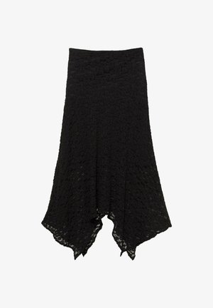 Black lace skirt with an A-line shape, textured pattern, and uneven hemline. Features a stretchy waistband for comfort.